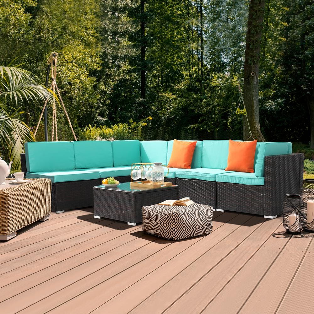 Karl home Brown 7Piece Wicker Sectional Set with Lake Blue Cushions