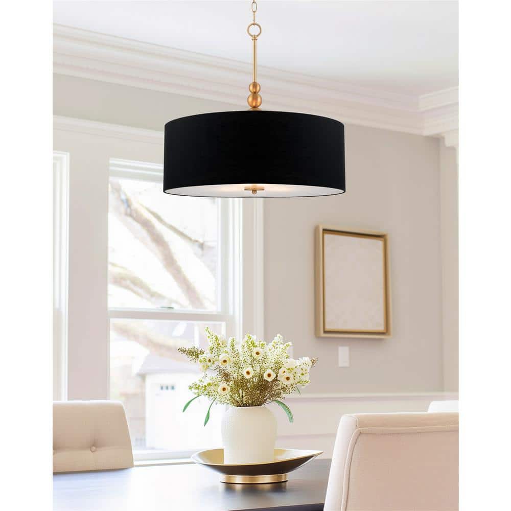 Adelade 22" Black Fabric Drum Pendant Chandelier with Brass Finish