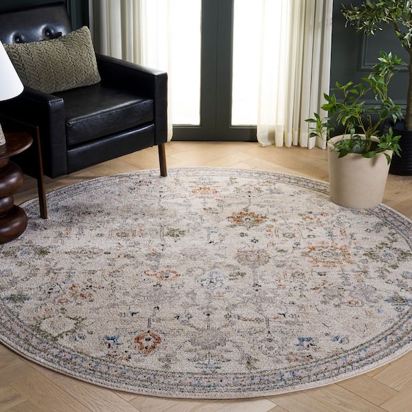 Grove 7 ft. x 7 ft. Round Ivory/Rust Blue Vintage Revival Floral Damask Area Rug