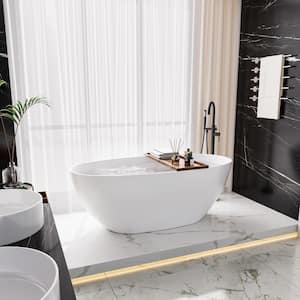 63.39 in. x 29.53 in. Oval Solid Surface Stone Resin Freestanding Double Slipper Soaking Bathtub in Matte White
