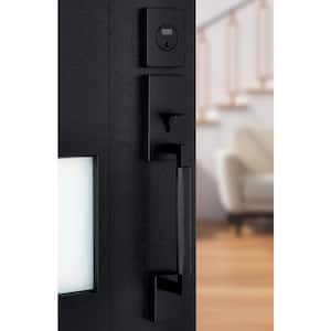 Woodward Matte Black Single Cylinder Door Handleset with Woodcliff Interior Lever