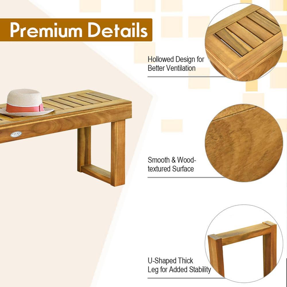 Teak Acacia Wood Slatted Outdoor Dining Bench with U-Shaped Legs