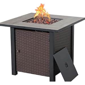 30 inch Brown Rectangular Metal Outdoor Fire Pit Table with Lid 50,000 BTU Rattan Look
