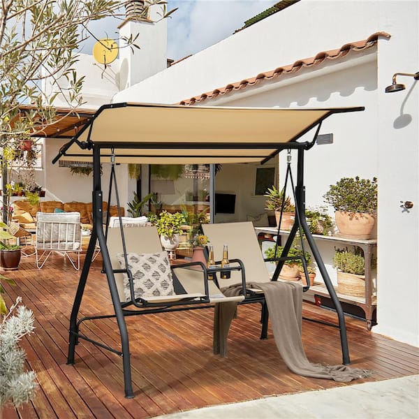 2-Person Black Frame Metal Patio Swing with Beige Adjustable Canopy