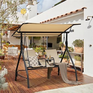 2-Person Black Frame Metal Patio Swing with Beige Adjustable Canopy