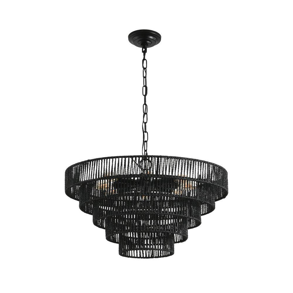 8 Light Black Rustic 5-Tier Hemp Rope Chandelier for Dining Room, Kitchen, 