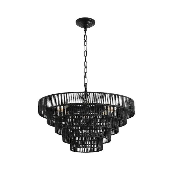 8 Light Black Rustic 5-Tier Hemp Rope Chandelier for Dining Room, Kitchen, or Foyer (Bulb Not Included)