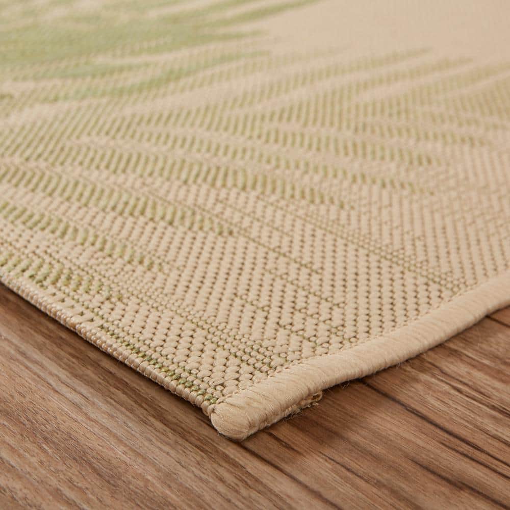 Beige and Green Tropical Palm Flat Woven Synthetic Area Rug
