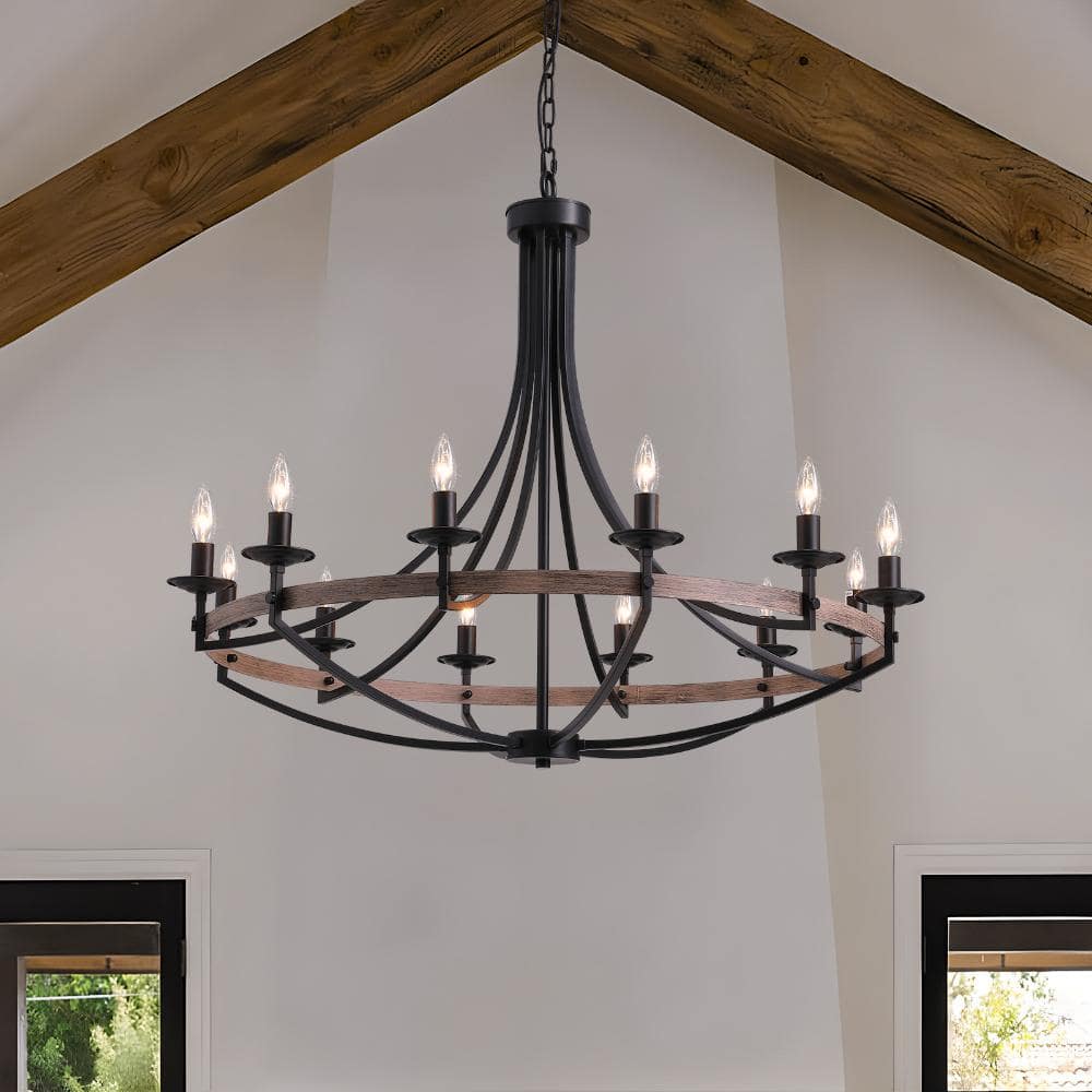 12-Light Farmhouse Iron Wagon Wheel Chandelier in Black and Walnut Wood Finish for Foyers price history on PriceWatchPro
