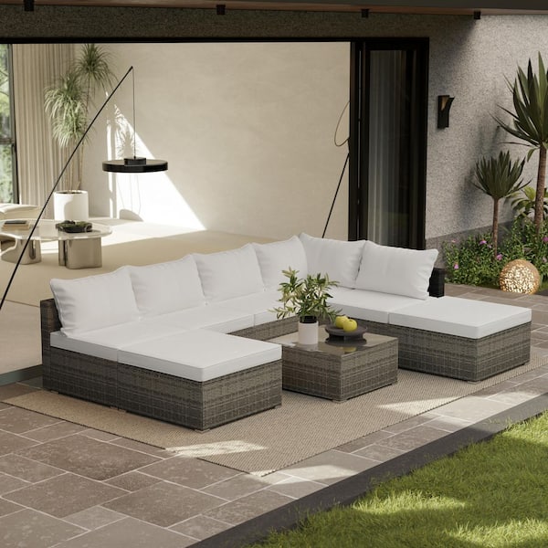 HomeAura 8-Piece Gray Wicker Patio Conversation Set with Beige Cushions and Pillows