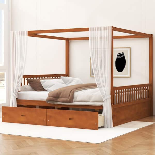 Stefan Brown Wood Frame King Size Canopy Bed with Storage Drawers, Walnut