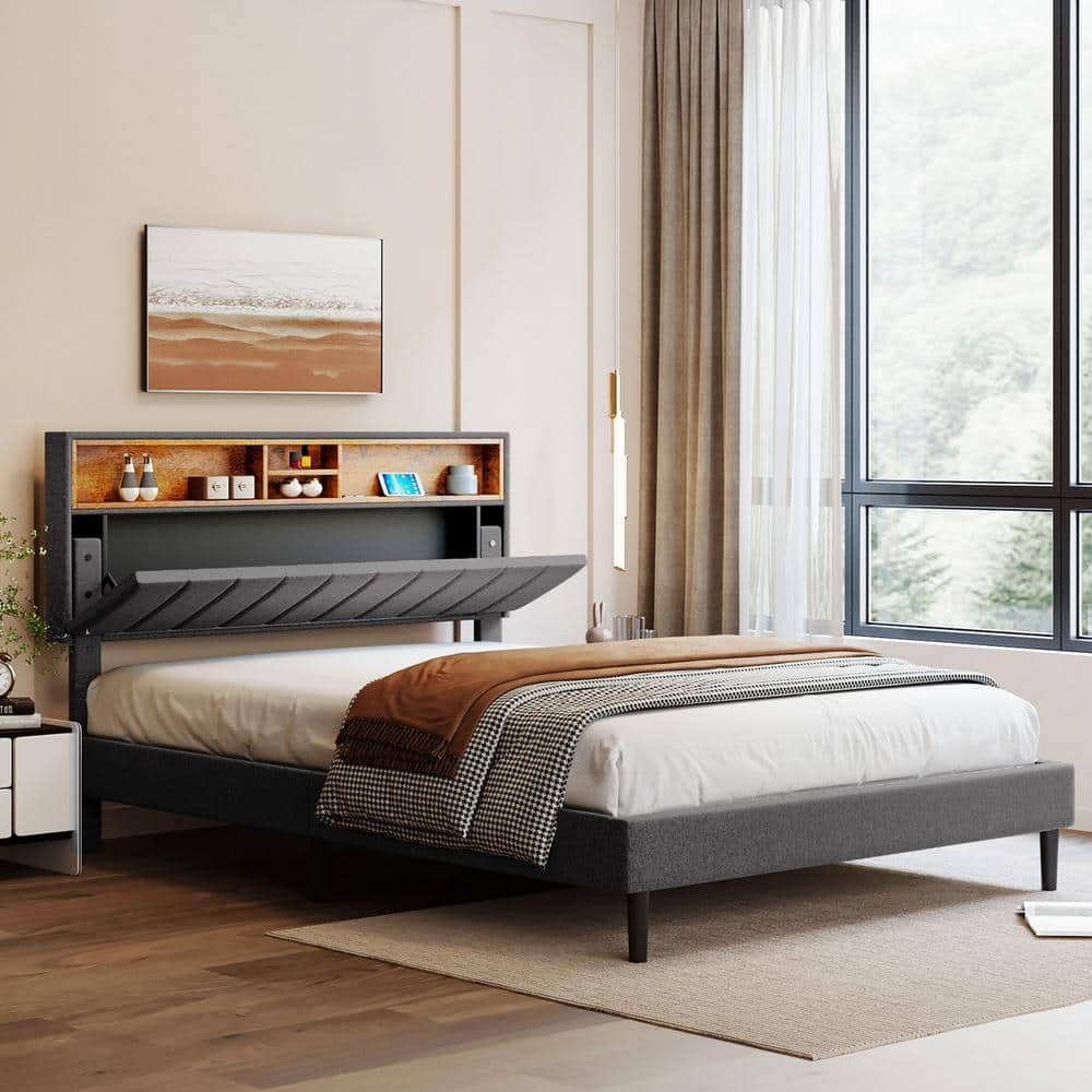 Gray Wood Frame Queen Size Upholstered Platform Bed with Storage Headboard, 2 Phone Pockets and USB Port -  Harper & Bright Designs, QMY098AAE-Q