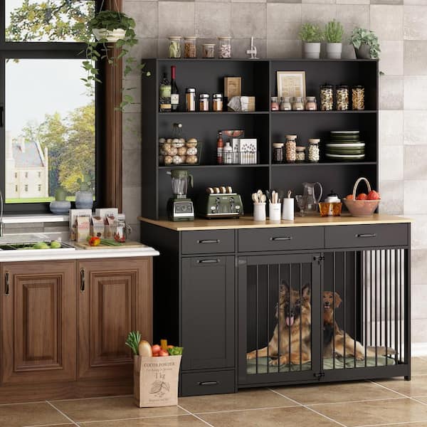 FUFU&GAGA Large Dog Crate Storage Cabinet, Wooden Heavy Duty Dog Crate Kennel with Shelf and 3-Drawers and Drawer Dog Bowl, Black