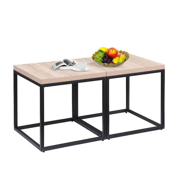 Natural 35.5 in. Rectangular Wood Outdoor Side Table End Table Set of 2, Nightstand Coffee Table for Living Room Bedroom