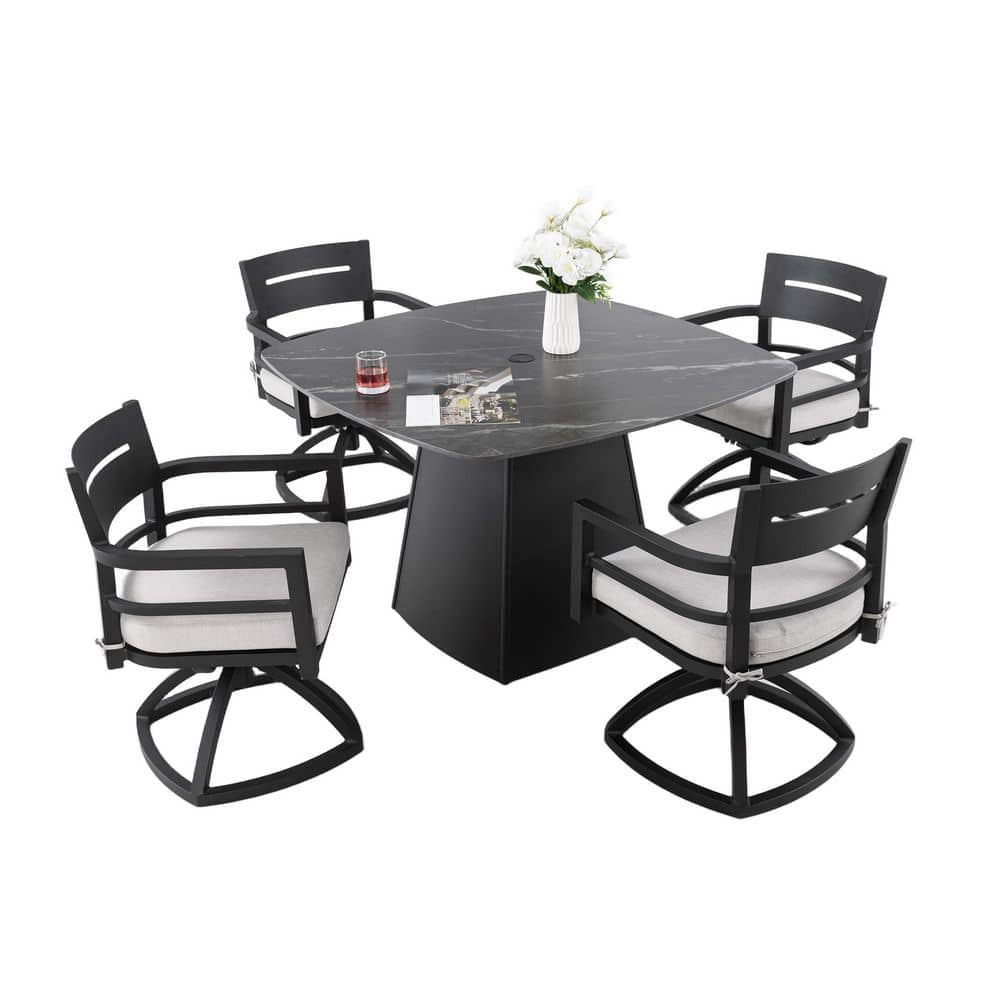 Yelena 5-Piece Aluminum Patio Outdoor Dining Set with Light Gray Cushions, Sintered Stone Tabletop, 4 Swivel Rockers price history on PriceWatchPro