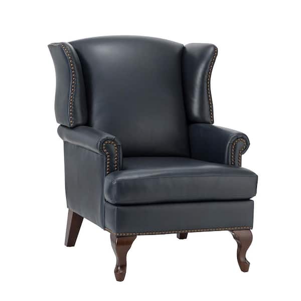 JAYDEN CREATION Johannes Navy Genuine Leather Armchair with Nailhead Trims