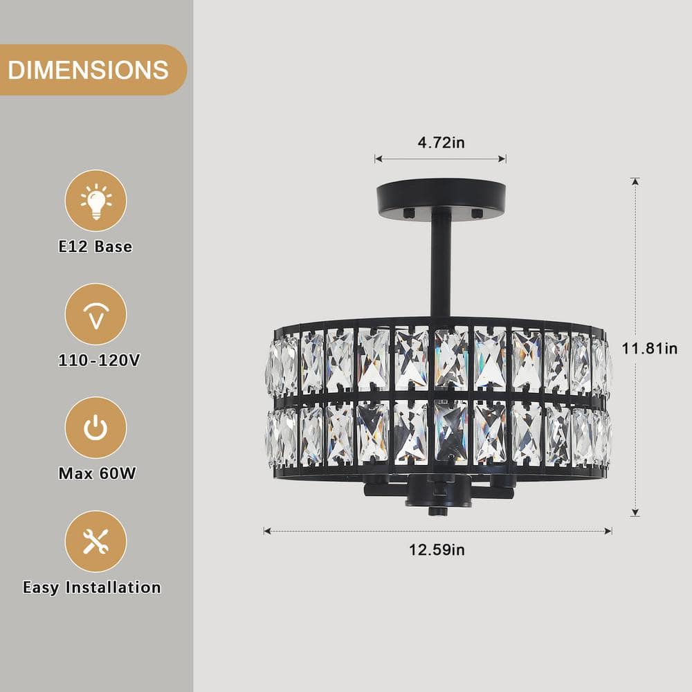 Black Metal and Crystal Drum Semi-Flush Mount Ceiling Light