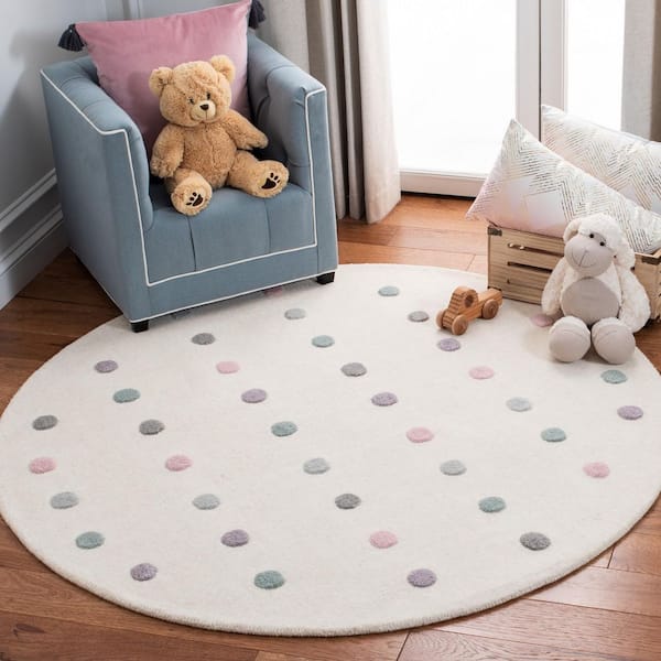 Kids 5 ft. x 5 ft. Ivory Polka-Dot Round Area Rug