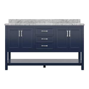 Affinity 61 in. Modern Bathroom Vanity in Blue with Carrara White Marble Top