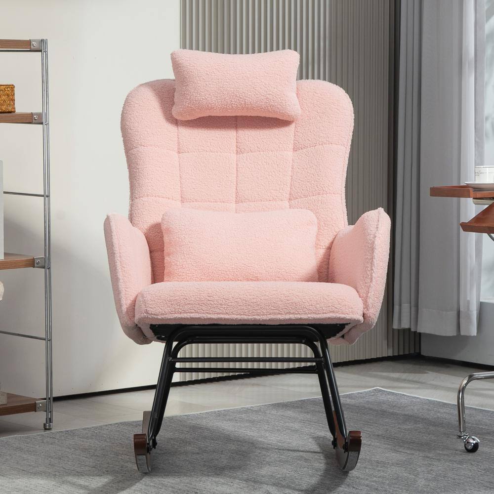 Pink Upholstered High-Back Rocking Chair with Steel Frame and Beech Wood Base