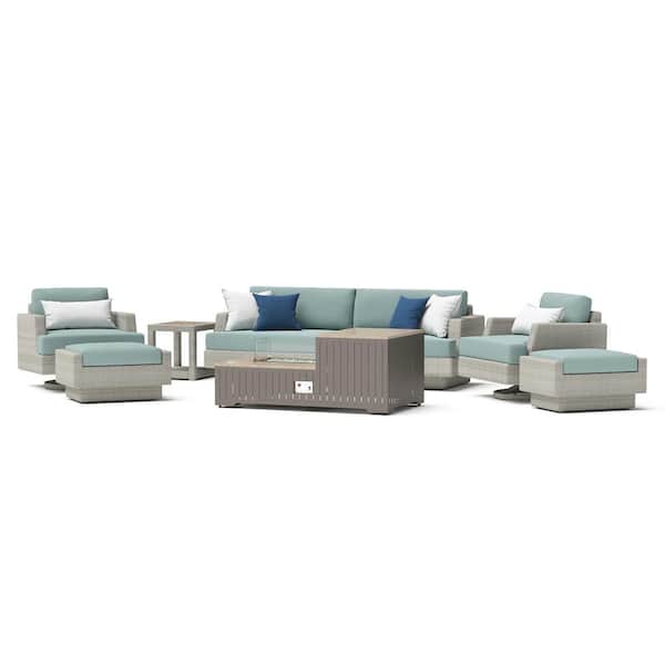 Portofino Comfort Gray 8-Piece Aluminium Patio Fire Pit Seating Set with Sunbrella Spa Blue Cushions