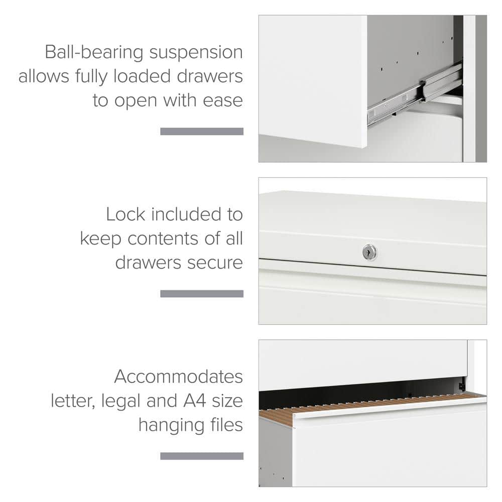 White Steel 36" 3-Drawer Lockable Lateral Filing Cabinet