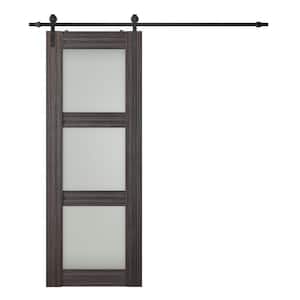 Paola 24 in. x 96 in. 3-Lite Frosted Glass Gray Oak Wood Composite Sliding Barn Door with Hardware Kit