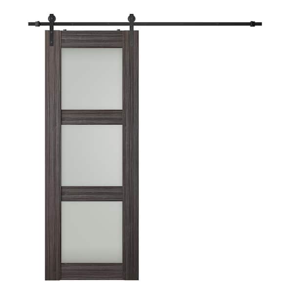 Belldinni Paola 24 in. x 96 in. 3-Lite Frosted Glass Gray Oak Wood Composite Sliding Barn Door with Hardware Kit