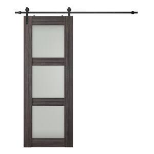 Paola 32 in. x 80 in. 3-Lite Frosted Glass Gray Oak Wood Composite Sliding Barn Door with Hardware Kit