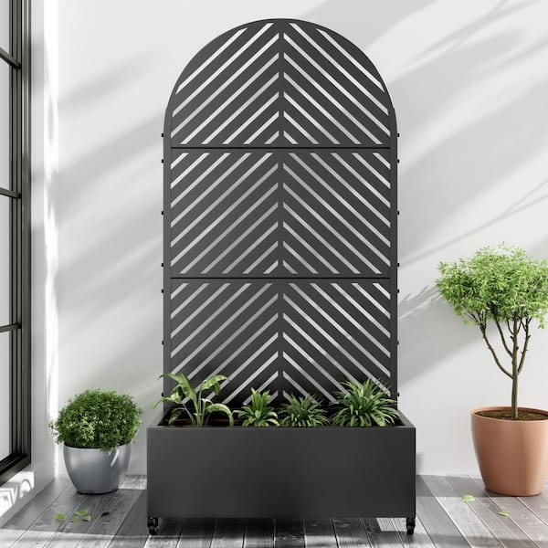 Lumioca 71.37 in. H x 35.1 in. W Black Metal Arch Parallel Shape Outdoor Planting Box with Climbing Frame Decorative Art Panel