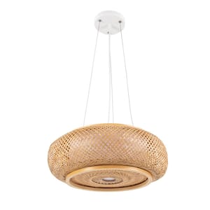 15.75 in. 3-Light Yellow Creative Drum Shape Pendant Light with Hand-Woven Bamboo Shade, No Bulbs Included