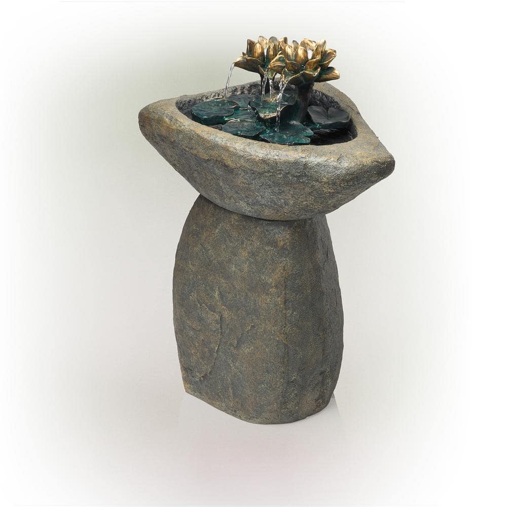 Solar Powered Brown Polyresin Lotus Rock Fountain with LED Lights