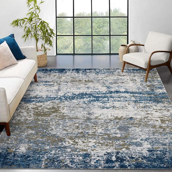 5 ft. x 7 ft. Blue Modern Abstract Pattern Washable Non-Slip Low