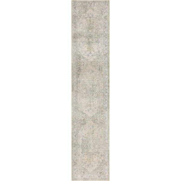 Astra Machine Washable Blue Green 2 ft. x 10 ft. Center medallion Traditional Runner Area Rug