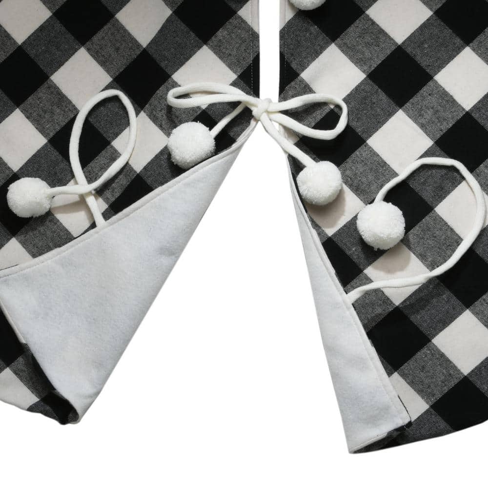 Black and White Plaid 52-Inch Christmas Tree Skirt with Pom Poms