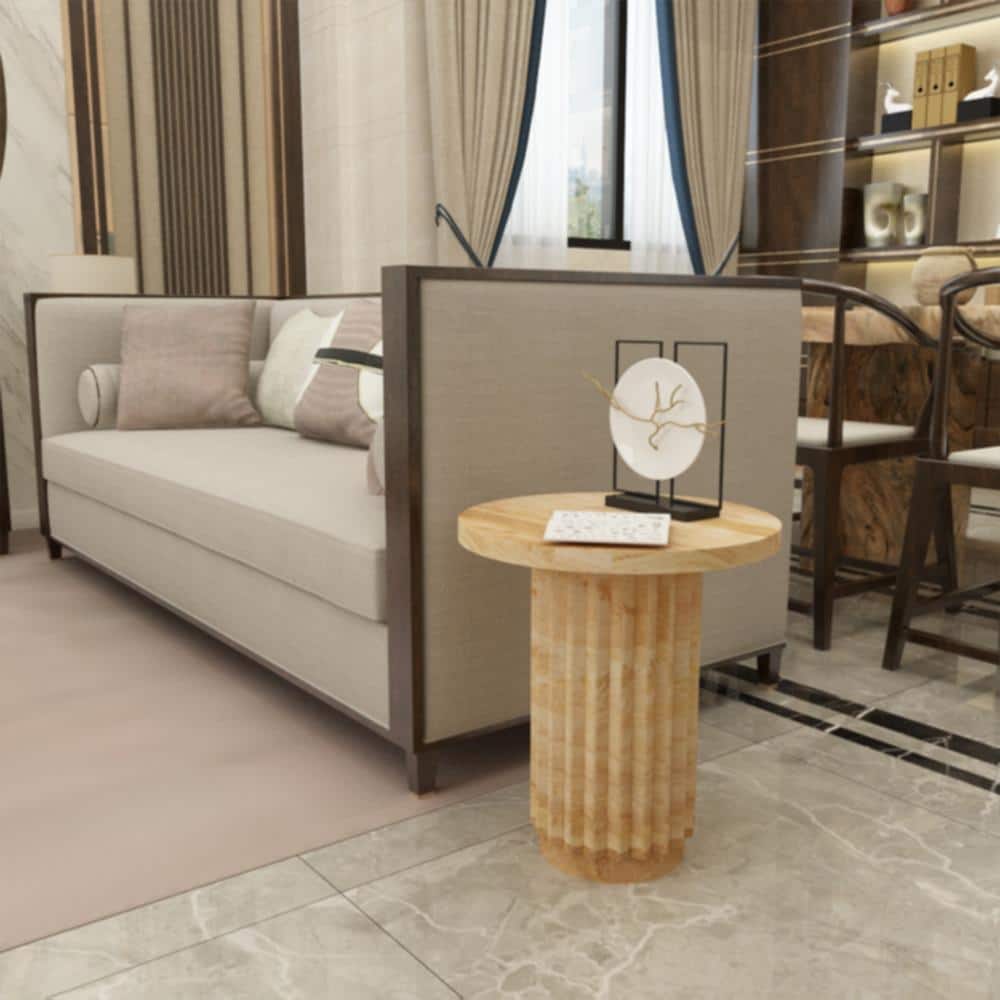 Natural Brown Mango Wood Round End Table with Reeded Base