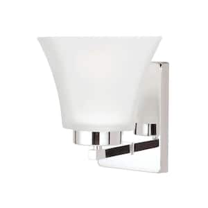 Bayfield 5 in. 1-Light Chrome Contemporary Wall Sconce Bathroom Vanity Light with Satin Etched Glass Shade