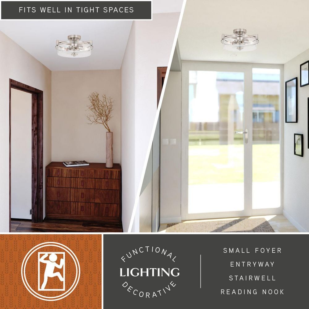 Satin Nickel 15" Drum Ceiling Light with Seeded Glass