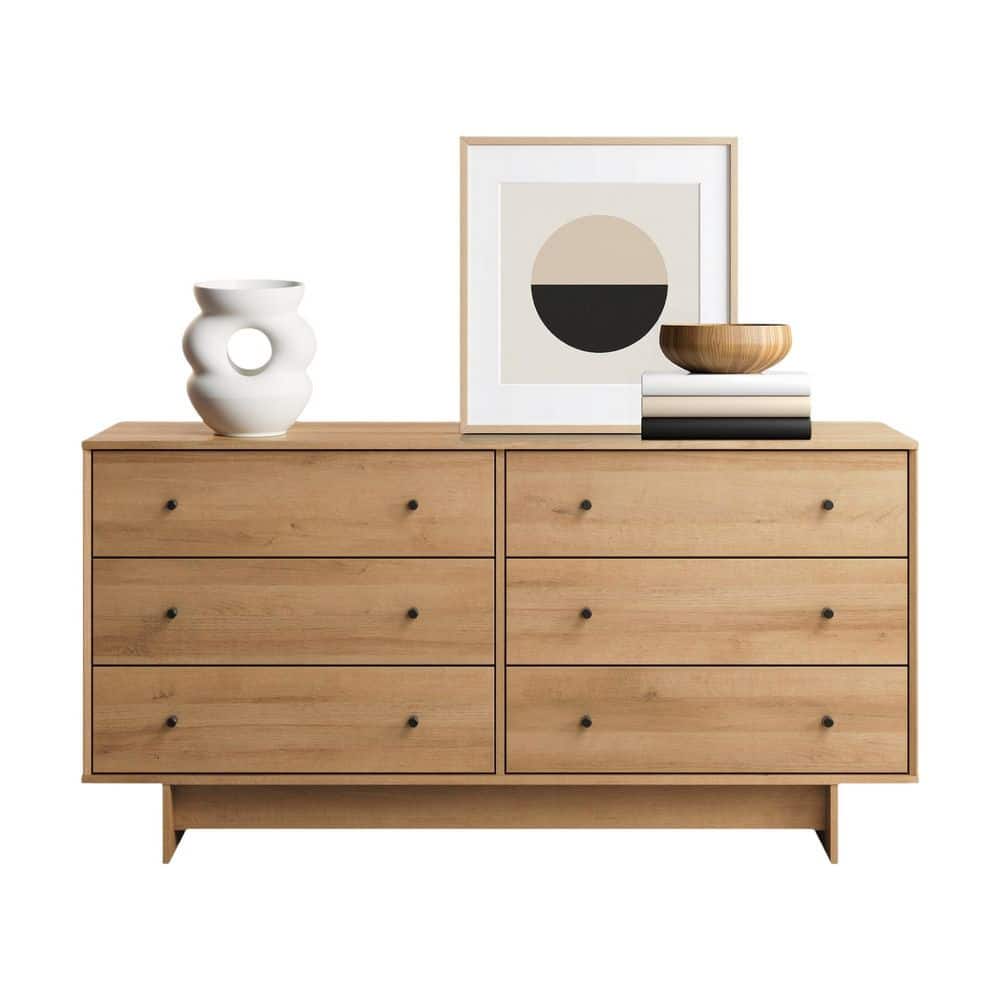 Prepac Finnley Natural Oak 6 Drawer Dresser 61 in. Wide Chest of Drawers, Dresser for Bedroom, Chest of Drawers for Bedroom ODBR-2506-1