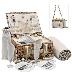 19-Piece Large Gray Wicker Picnic Basket with Insulated Liner and Waterproof Picnic Blanket Wine Pouch for 2 People