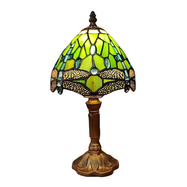 13 in. Tiffany Style Bronze Finish Table Lamp with Green Dragonfly Stained Glass Lamp Shade