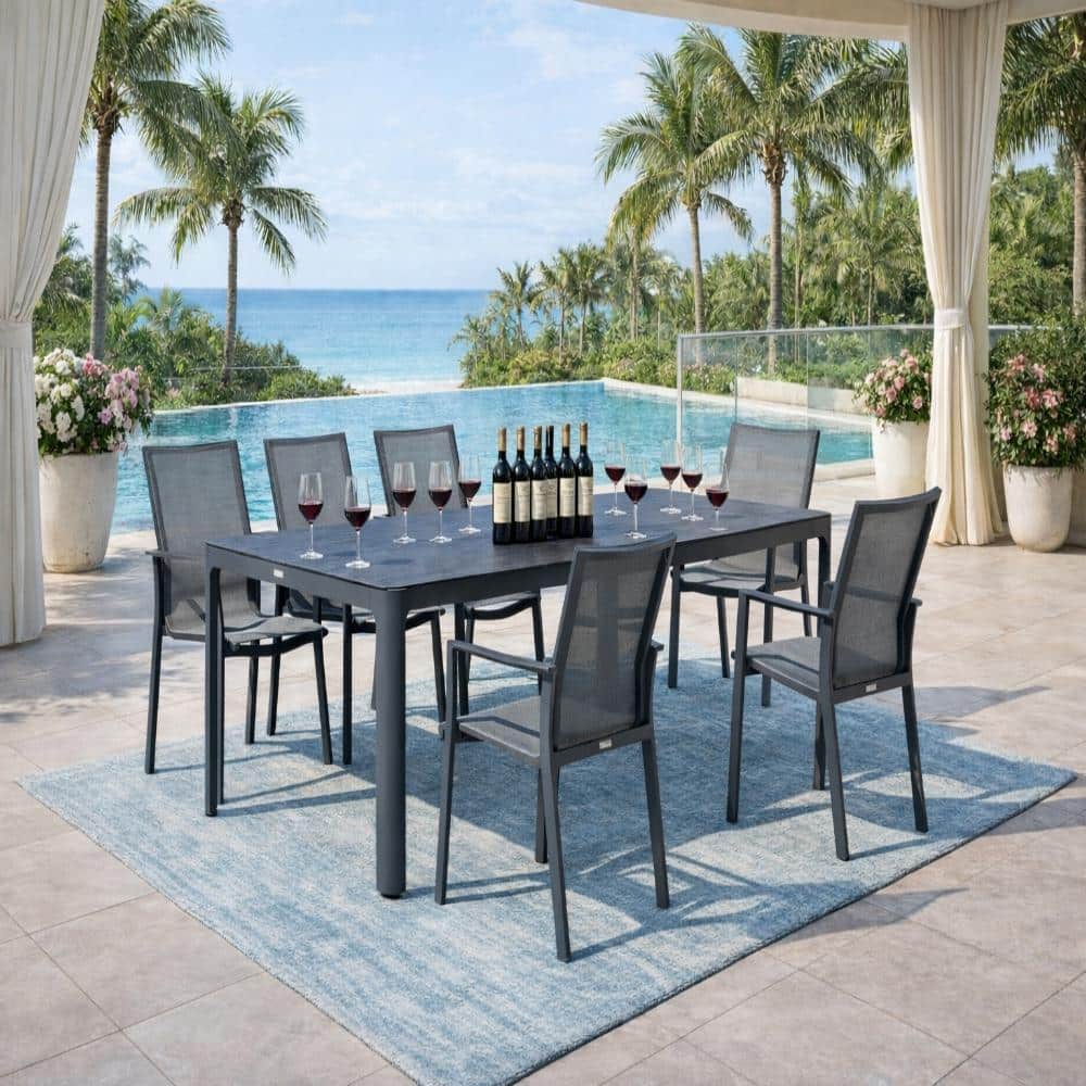 Alva Dark Gray 7-Piece Aluminum Outdoor Dining Set with Stackable Chairs, Dark Grey Ceramic Top Table and Pewter Sling price history on PriceWatchPro