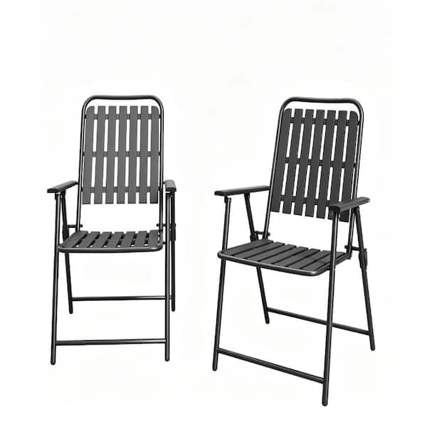 Antique Black Metal Outdoor Folding Chair Set of 2, Instant Setup Patio Dining Chairs