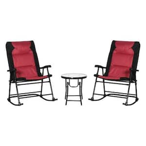 3-Piece Patio Furniture Set Folding Padded Red Metal Outdoor Rocking Chair 2 Rocking Chairs with Glass Coffee Table