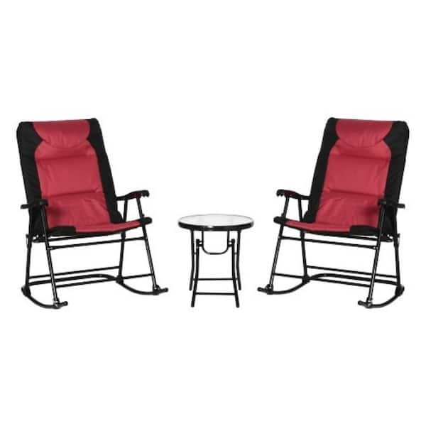 ITOPFOX 3-Piece Patio Furniture Set Folding Padded Red Metal Outdoor Rocking Chair 2 Rocking Chairs with Glass Coffee Table