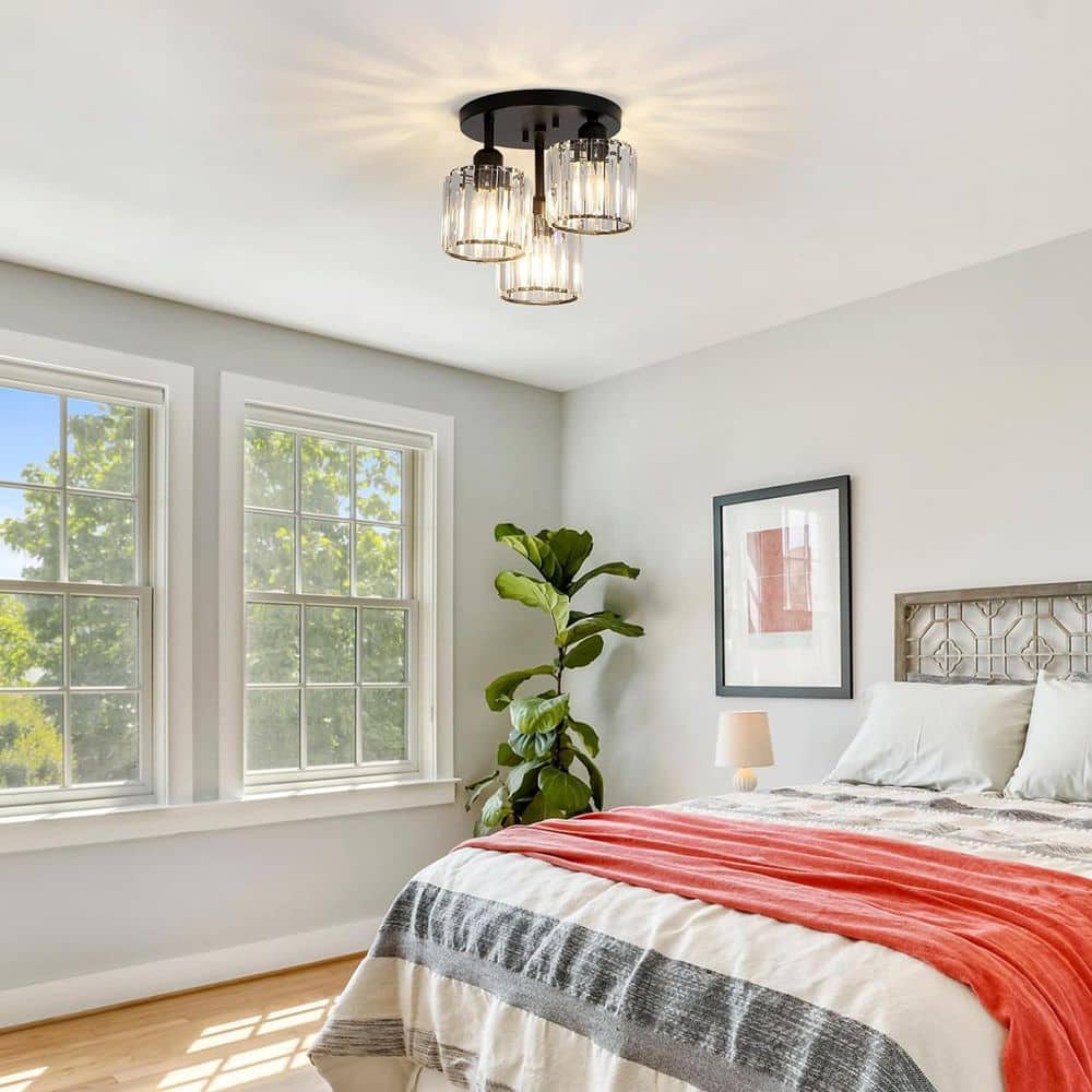 13 in. 3-Light Linear Matte Black Flush Mount With Frosted Crystal Shades for Kitchen price history on PriceWatchPro