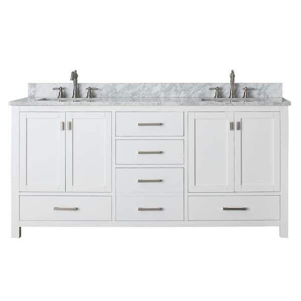 Modero 73 in. Double Sink White Bath Vanity with Carrara White Marble Top