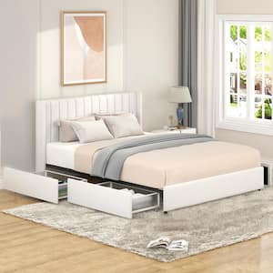 Anda Ivory Boucle Upholstered Metal Frame Queen Size Platform Bed with 4 Drawers