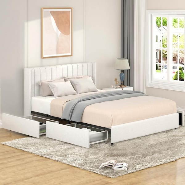 Noble House Anda Ivory Boucle Upholstered Metal Frame Queen Size Platform Bed with 4 Drawers