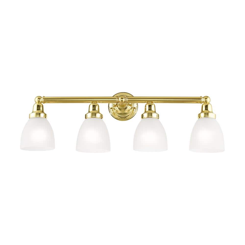 Elegant Polished Brass 4-Light Vanity with Satin Opal White Glass